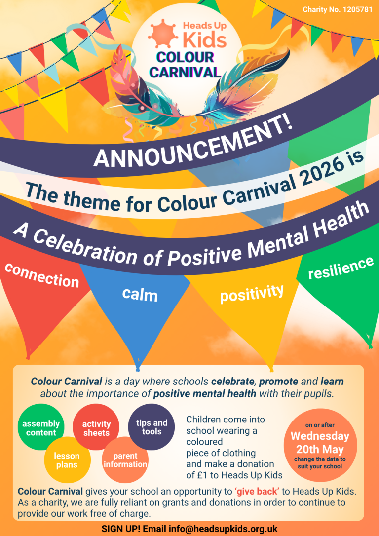 Colourful flyer to advertise Colour Carnival 2026 and key themes of Resilience, Positivity, Calm and Connection